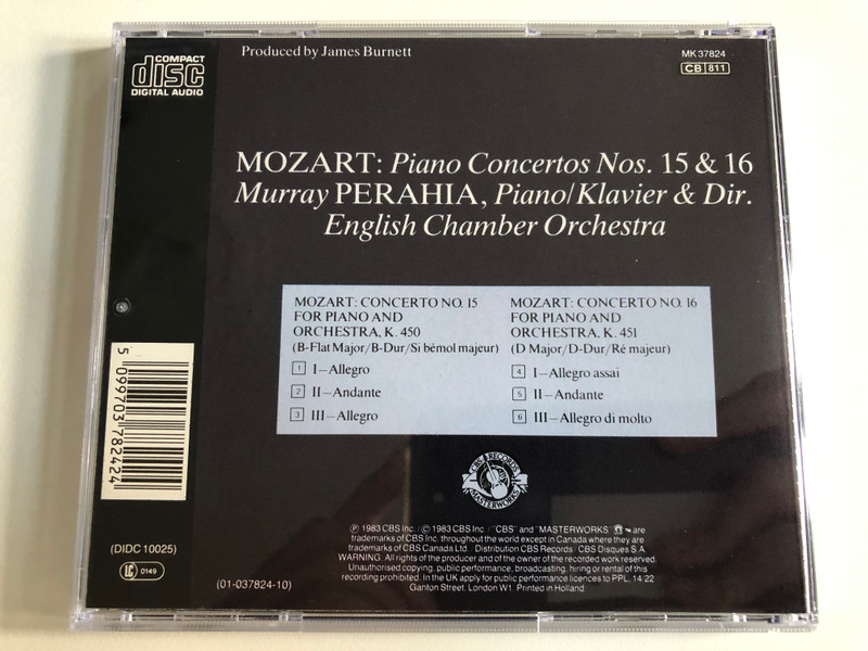 Mozart: Piano Concertos Nos. 15 & 16 - Murray Perahia / English Chamber Orchestra / CBS Masterworks Audio CD 1983 Stereo / MK 37824