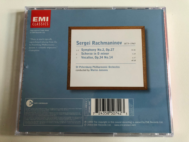 Rachmaninov - Symphony No. 2, Scherzo, Vocalise / St Petersburg Philharmonic Orchestra, Mariss Jansons / EMI Classics Audio CD 2003 Stereo / 724358507423