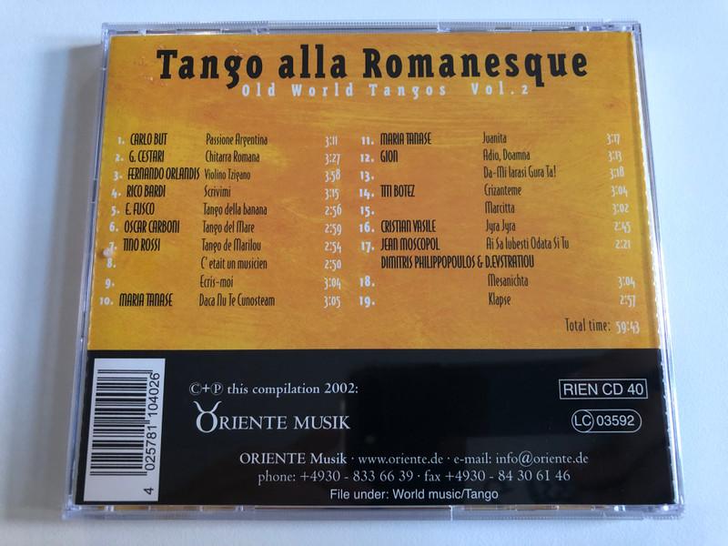 Tango Alla Romanesque - Old World Tangos Vol. 2 / Oriente Musik Audio CD 2002 / RIEN CD 40