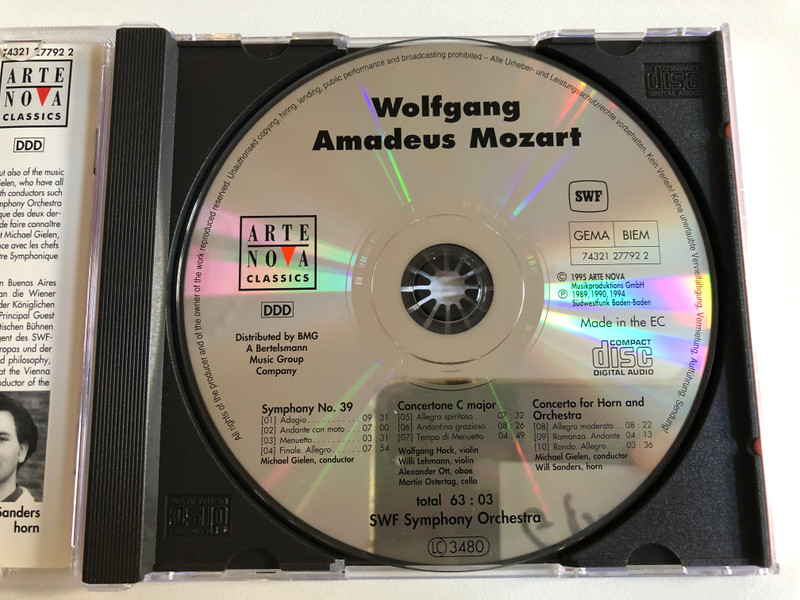 Wolfgang Amadeus Mozart - Symphony No. 39, KV 543, Concertone, KV 190, Horn Concerto, KV 495 / SWF Symphony Orchestra, Michael Gielen, Will Sanders (horn) / Arte Nova Classics Audio CD 1995 / 74321 27792 2