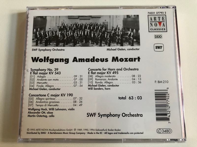 Wolfgang Amadeus Mozart - Symphony No. 39, KV 543, Concertone, KV 190, Horn Concerto, KV 495 / SWF Symphony Orchestra, Michael Gielen, Will Sanders (horn) / Arte Nova Classics Audio CD 1995 / 74321 27792 2