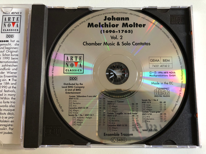300th Anniversary of Molter's Birth - Johann Melchior Molter - Vol.2 - Chamber Music & Solo Cantatas / Ensemble Trazom / Arte Nova Classics Audio CD 1996 / 74321 40742 2