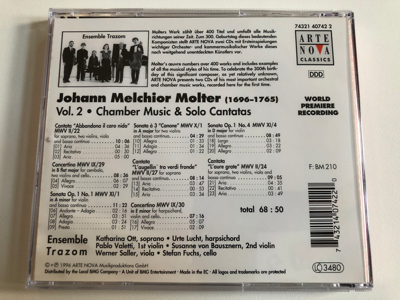 300th Anniversary of Molter's Birth - Johann Melchior Molter - Vol.2 - Chamber Music & Solo Cantatas / Ensemble Trazom / Arte Nova Classics Audio CD 1996 / 74321 40742 2
