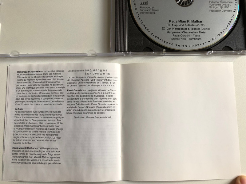 Hariprasad Chaurasia – The Most Celebrated Flutist Of India: Tabla Fazal Qureshi, Raga Mian Ki Malhar / Chhanda Dhara Audio CD 1990 Stereo / SNCD 71190
