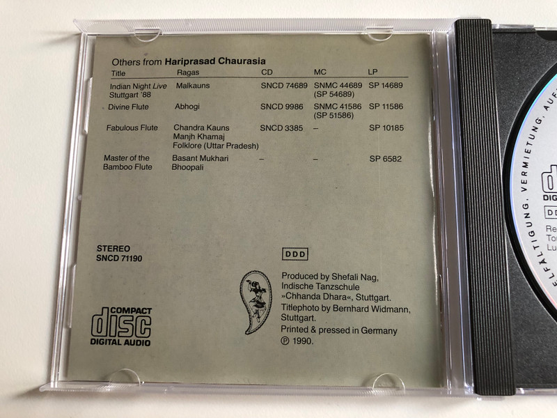 Hariprasad Chaurasia – The Most Celebrated Flutist Of India: Tabla Fazal Qureshi, Raga Mian Ki Malhar / Chhanda Dhara Audio CD 1990 Stereo / SNCD 71190