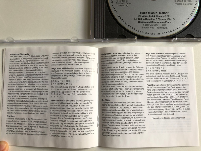 Hariprasad Chaurasia – The Most Celebrated Flutist Of India: Tabla Fazal Qureshi, Raga Mian Ki Malhar / Chhanda Dhara Audio CD 1990 Stereo / SNCD 71190