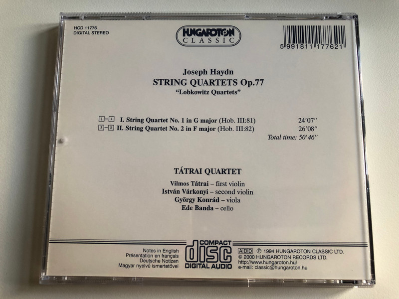 Joseph Haydn - "Lobkowitz Quartets" Op. 77 - Tátrai Quartet / Hungaroton Classic Audio CD 1994 Stereo / HCD 11776