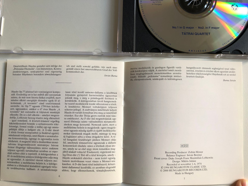 Joseph Haydn - "Lobkowitz Quartets" Op. 77 - Tátrai Quartet / Hungaroton Classic Audio CD 1994 Stereo / HCD 11776