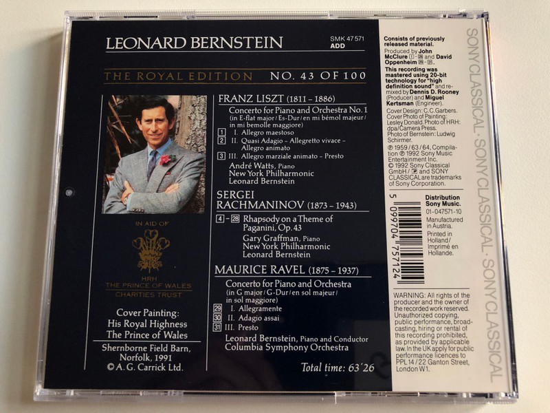 Leonard Bernstein - Liszt: Piano Concerto No. 1, Rachmaninov: Rhapsody On A Theme Of Paganini, Ravel: Piano Concerto In G Major / André Watts, Gary Graffman / The Royal Edition - NO. 43 OF 100 / Sony Classical Audio CD / SMK 47571