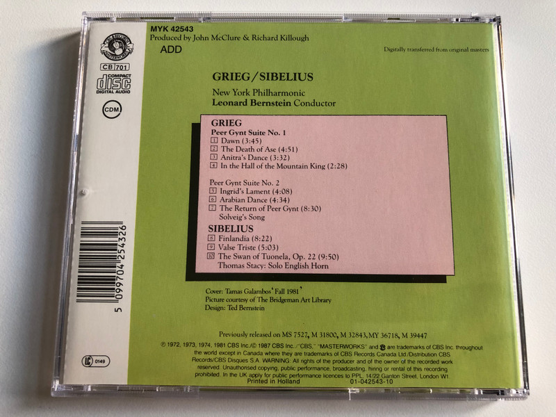 Grieg: Peer Gynt Suites No. 1 & 2, Sibelius: Valse Triste, Finlandia, The Swan Of Tuonela / New York Philharmonic, Leonard Bernstein / Maestro / CBS Masterworks Audio CD 1987 / MYK 42543