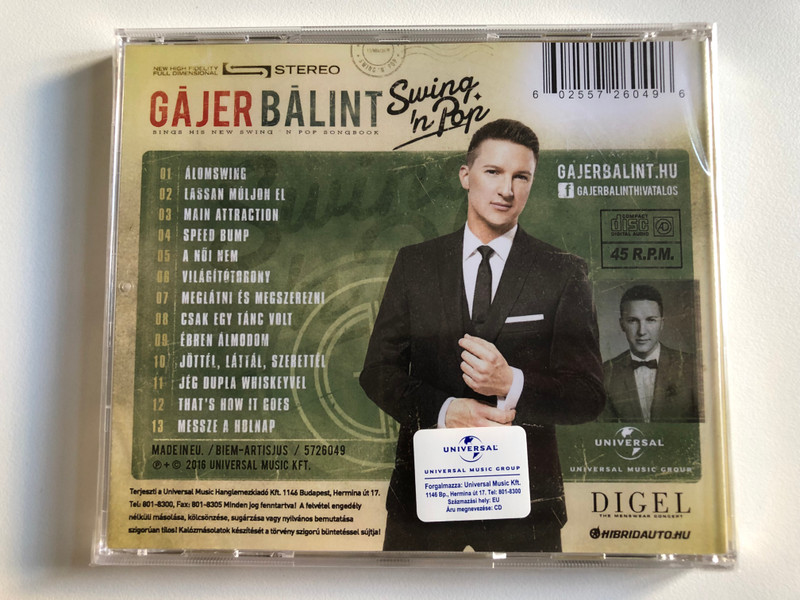 Gajer Balint - Sings His New Swing N Pop Songbook / Meglatni Es Megszerezni (Csak Egy Tanc Volt, That's How It Goes), A Noi Nem (Jottel, lattal, Szerettel, Jeg Dupla Whiskeyvel, Lassan Muljon El) / Universal Music Kft. Audio CD 2016 / 5726049