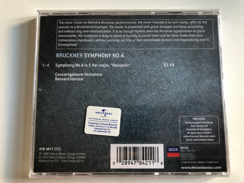 Bruckner: Symphony No.4 "Romantic" / Concertgebouw Orchestra, Bernard Haitink / Decca Audio CD 2012 / 478 4211