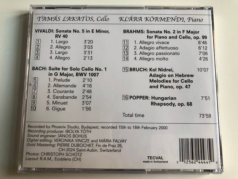 Berühmte Cellowerke = Famous Cello Works - Vivaldi, Bach, Brahms, Bruch, Popper / Tamás Lakatos - cello, Klára Körmendi - piano / Audio CD 2000 / 130452