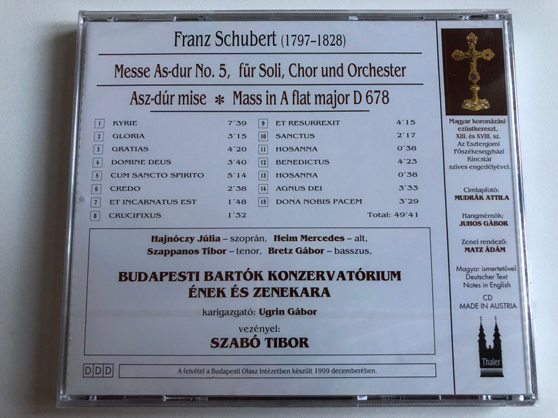Schubert - Messe As-dur / Bartok Konservatorium Budapest Chor & Orchester / Tibor Szabo / Allegro Thaler Audio CD / MZA-051