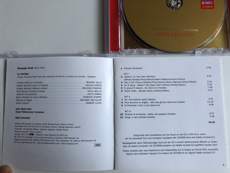 Verdi - La Traviata (Highlights) / Beverly Sills, Nicolai Gedda, Rolando Panerai / John Alldis Choir, Royal Philharmonic Orchestra, Aldo Ceccato / CD Includes Libretto / EMI Classics Audio CD 2011 / 5099909489127