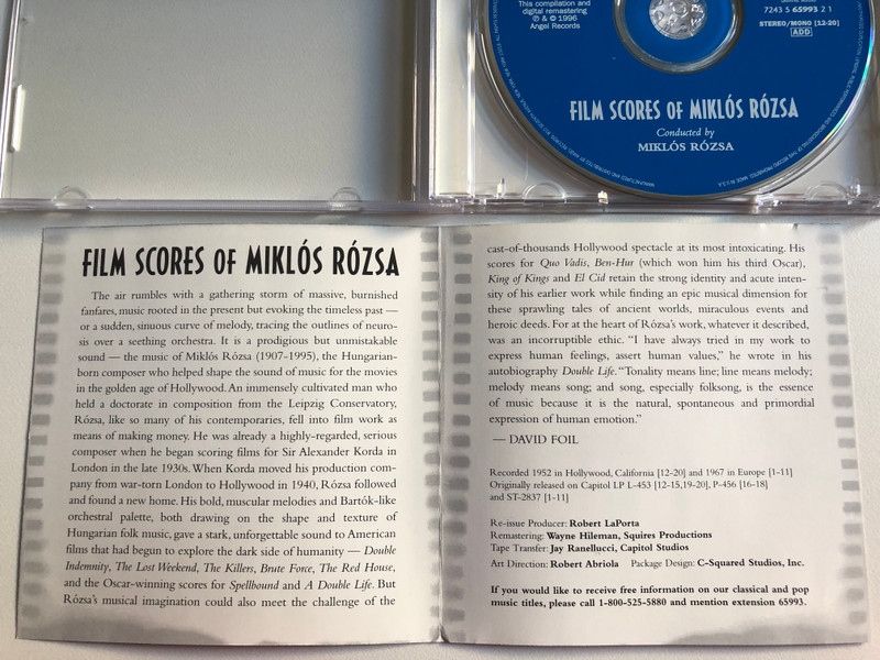 Angel Records Presents Film Scores Of Miklós Rózsa - Conducted by Miklós Rózsa / Spellbound, Ben-Hur, King Of Kings, Quo Vadis, El Cid, The Red House / Angel Records Audio CD 1996 Stereo, Mono / D 112465