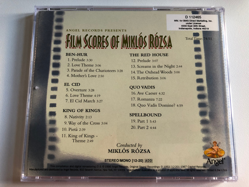 Angel Records Presents Film Scores Of Miklós Rózsa - Conducted by Miklós Rózsa / Spellbound, Ben-Hur, King Of Kings, Quo Vadis, El Cid, The Red House / Angel Records Audio CD 1996 Stereo, Mono / D 112465