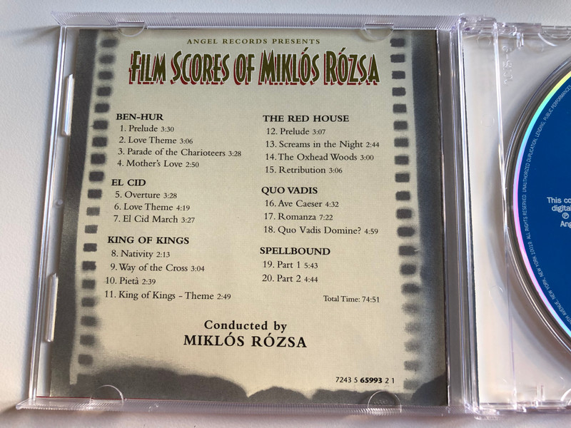 Angel Records Presents Film Scores Of Miklós Rózsa - Conducted by Miklós Rózsa / Spellbound, Ben-Hur, King Of Kings, Quo Vadis, El Cid, The Red House / Angel Records Audio CD 1996 Stereo, Mono / D 112465