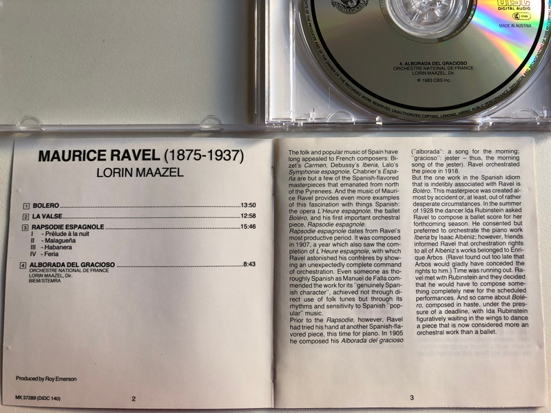 Ravel: Boléro - La valse, Rapsodie Espagnole, Alborada Del Gracioso / Lorin Maazel, Orchestre National De France / CBS Masterworks Audio CD Stereo / MK 37289