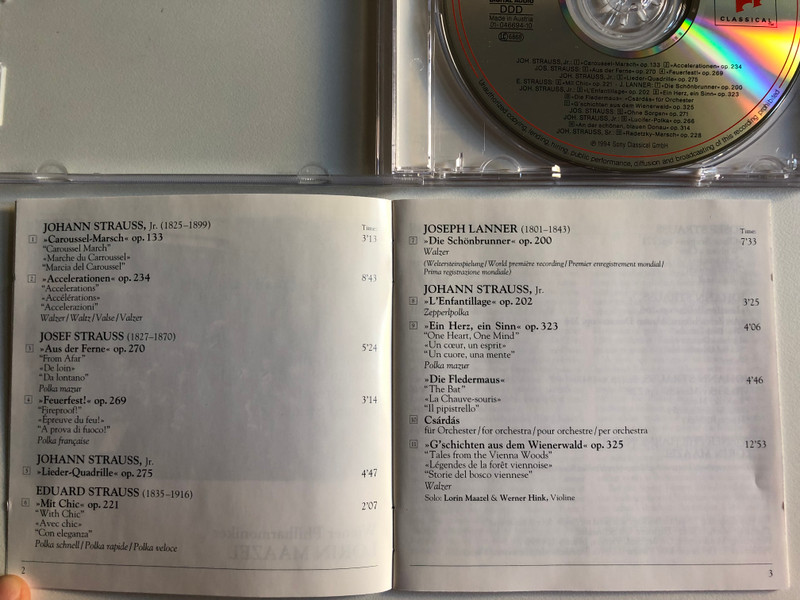 1994 New Year's Concert - Wiener Philharmoniker - Lorin Maazel / Sony Classical Audio CD 1994 / CL 312447 7