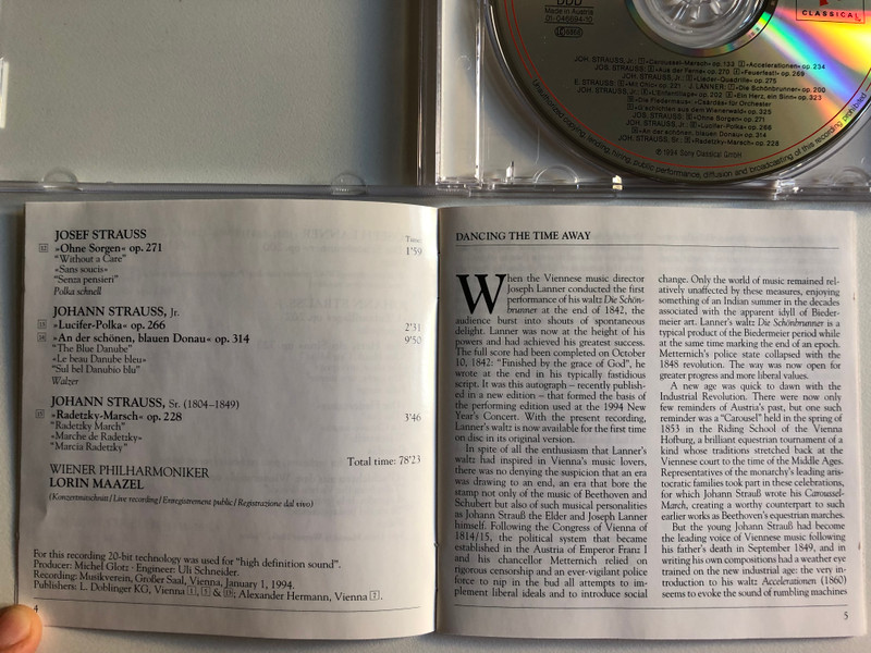 1994 New Year's Concert - Wiener Philharmoniker - Lorin Maazel / Sony Classical Audio CD 1994 / CL 312447 7