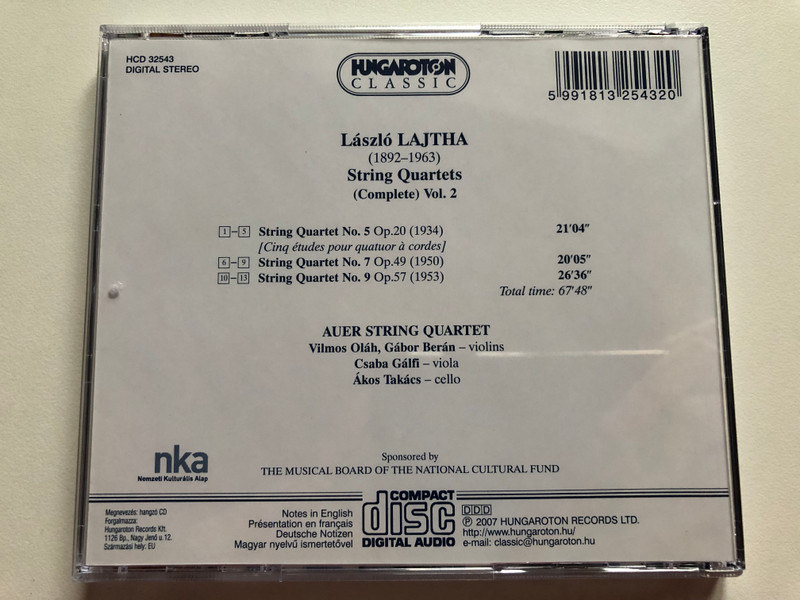 Laszlo Lajtha - String Quartets (complete) Vol. 2 Nos. 5, 7, 9 / Auer String Quartet / Hungaroton Classic Audio CD 2007 Stereo / HCD 32543
