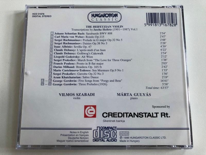 The Heifetzian Violin - Transcriptions By Jascha Heifetz Vol.1 - Works by Bach, Weber, Rachmaninov, Debussy, Godowsky, Prokofiev, Gershwin / Vilmos Szabadi - violin, Márta Gulyás / Hungaroton Classic Audio CD 1996 Stereo / HCD 31678