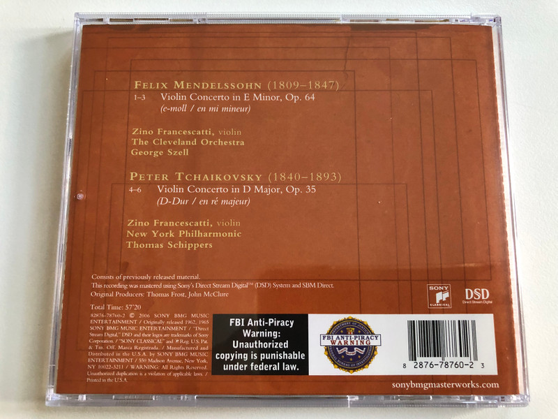 Tchkaikovsky: Violin Concerto (Thomas Schippers, New York Philharmonic) / Mendelssohn: Violin Concerto (George Szell, Members of The Cleveland Orchestra) / Sony Classical Great Performances / Sony Classical Audio CD 2006 / 82876-78760-2