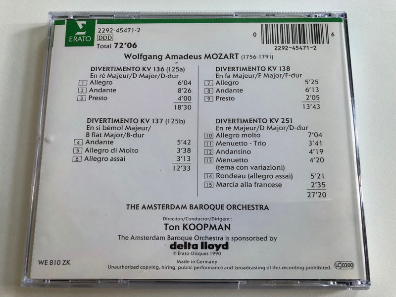 Mozart - Divertimenti KV 136/137/138/251 / The Amsterdam Baroque Orchestra, Ton Koopman / Erato Audio CD 1990 / 2292-45471-2
