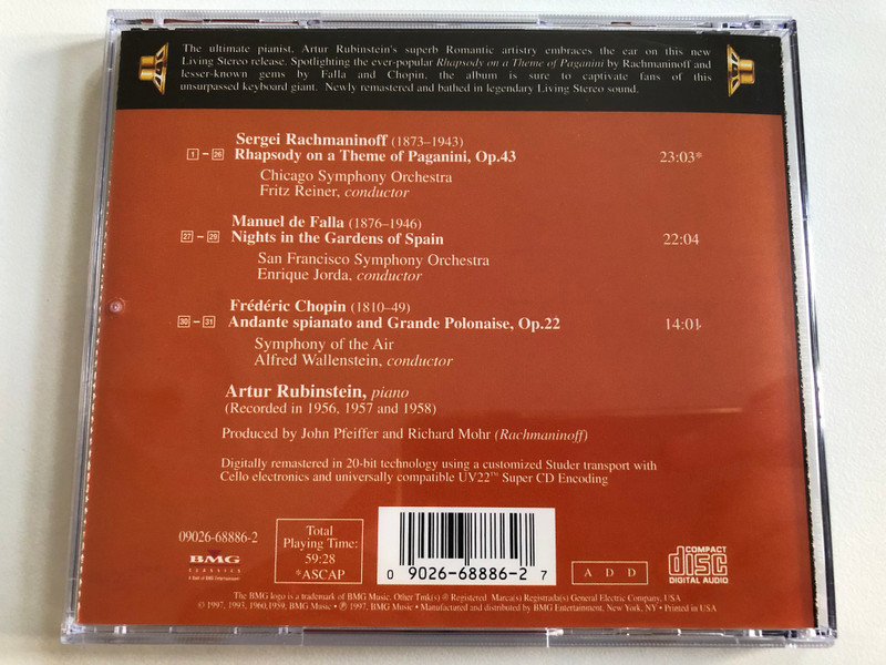 Rachmaninoff: Rhapsody On A Theme Of Paganini - Rubinstein / Chicago Symphony Reiner / Falla - Nights in The Gardens Of Spain with San Francisco Symphony, Enrique Jorda / RCA Victor Audio CD 1997 / 09026-68886-2