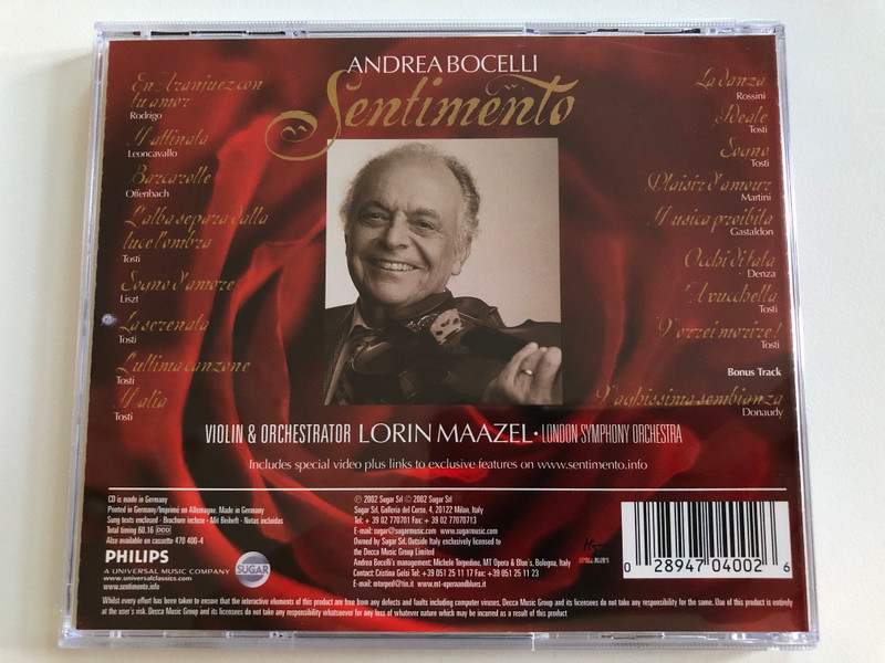 Andrea Bocelli – Sentimento / London Symphony Orchestra. Lorin Maazel / Philips Audio CD 2002 / 470 400-2