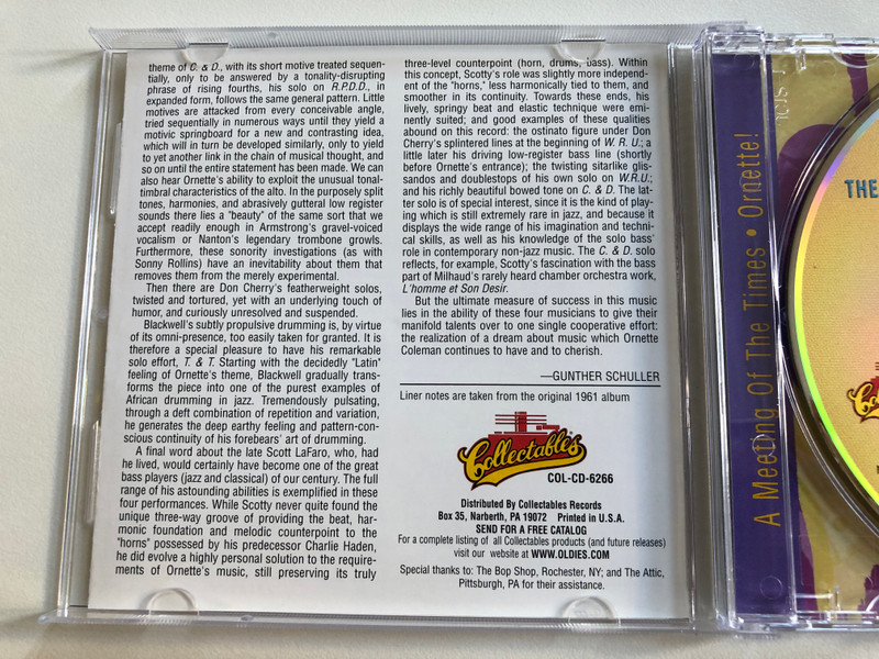 Rahsaan Roland Kirk & Al Hibbler - Ornette Coleman - A Meeting Of The Times, Ornette! / Collectables Jazz Classics / Collectables Audio CD 1999 / COL-CD-6266