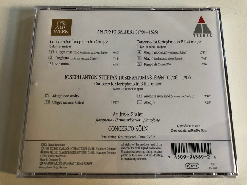 Salieri, Steffan - Concertos for Fortepiano / Andreas Staier, Concerto Köln / Teldec Audio CD 1995 Stereo / 4509-94569-