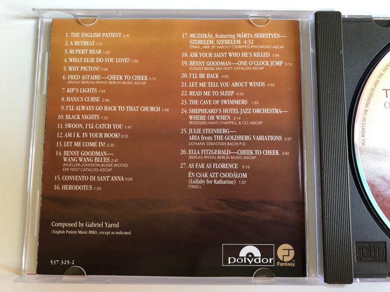 The English Patient (Original Soundtrack Recording) / Academy Of St. Martin In The Fields, Original music composed by Gabriel Yared / Ralph Fiennes, Juliette Binoche, Willem Dafoe, Kristin Scott Thomas / Fantasy Audio CD 1996 / 537 325-2