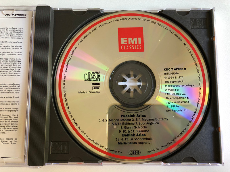 Maria Callas – Puccini & Bellini Arias = Arien = Airs / EMI Audio CD 1987 Mono / CDC 7 47966 2