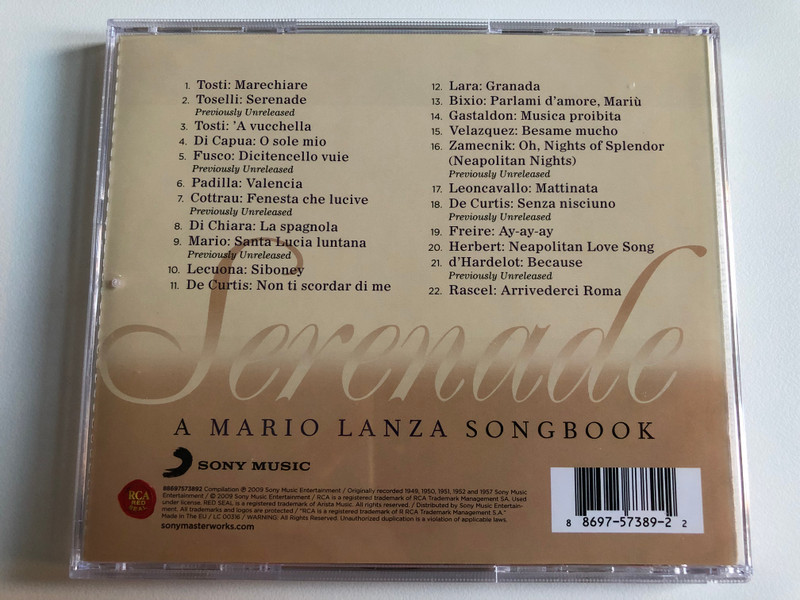 Serenade: A Mario Lanza Songbook / The Ultimate Collection, Featuring: 7 Previously Unreleased Recordings! / RCA Red Seal Audio CD 2009 / 88697573892