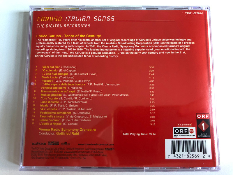 Italian Songs - Caruso / 'O sole mio, Santa Lucia, Core 'ngrato, A Vucchella, L' addio A Napoli, and others / BMG Classics Audio CD 2002 / 74321-82569-2