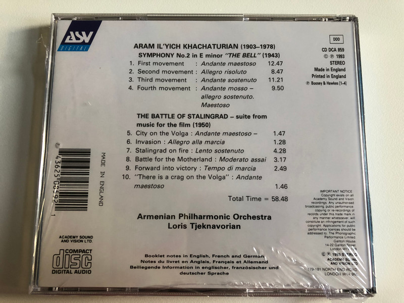 Khachaturian – Symphony No. 2 "The Bell", Battle Of Stalingrad - Suite / Armenian Philharmonic Orchestra, Loris Tjeknavorian / ASV Digital Audio CD 1993 / CD DCA 859