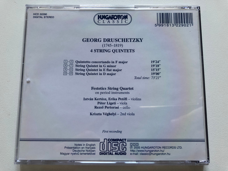 Georg Druschetzky - Four String Quintets / Festetics String Quartet on period instruments, Istvan Kertesz, Erika Petofi, Peter Ligeti, Rezso Pertorini, Kriszta Vergelyi (2nd viola) / Hungaroton Classic Audio CD 2005 Stereo / HCD 32290
