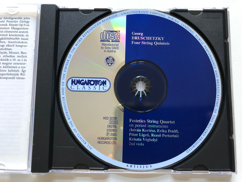 Georg Druschetzky - Four String Quintets / Festetics String Quartet on period instruments, Istvan Kertesz, Erika Petofi, Peter Ligeti, Rezso Pertorini, Kriszta Vergelyi (2nd viola) / Hungaroton Classic Audio CD 2005 Stereo / HCD 32290