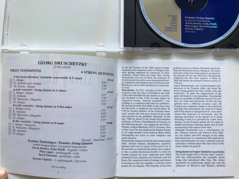 Georg Druschetzky - Four String Quintets / Festetics String Quartet on period instruments, Istvan Kertesz, Erika Petofi, Peter Ligeti, Rezso Pertorini, Kriszta Vergelyi (2nd viola) / Hungaroton Classic Audio CD 2005 Stereo / HCD 32290
