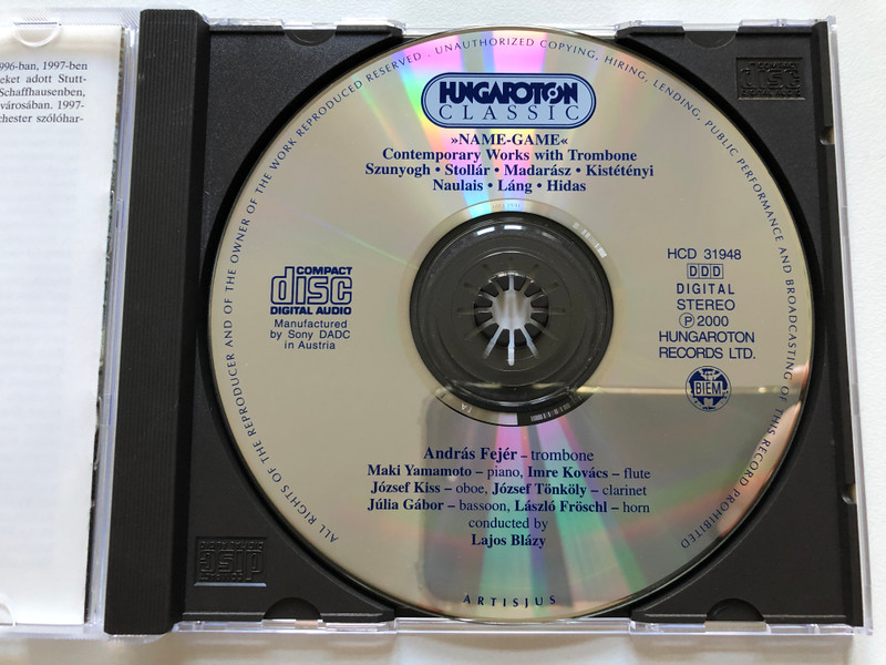 Name-Game - Contemporary Works with Trombone / Szunyogh, Stollar, Madarasz, Kistetenyi, Naulais, Lang, Hidas / Andras Fejer - trombone / Hungaroton Classic Audio CD 2000 Stereo / HCD 31948