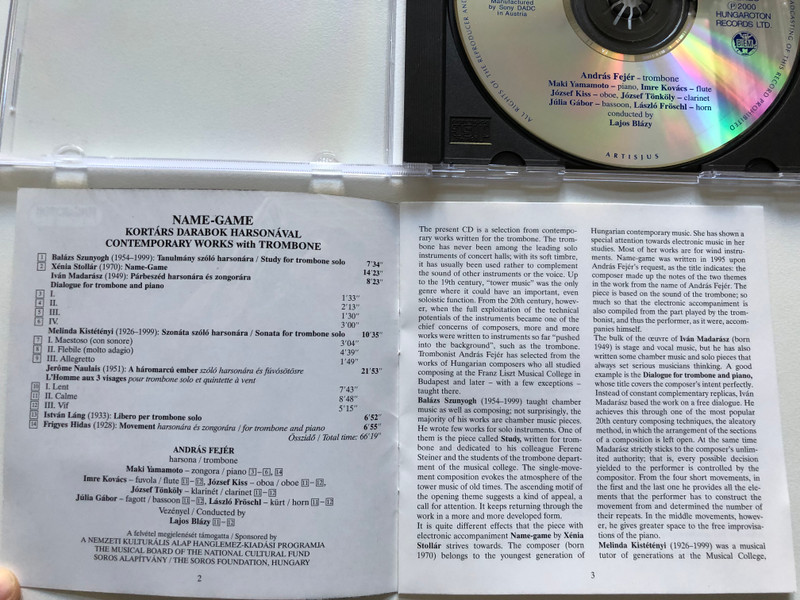 Name-Game - Contemporary Works with Trombone / Szunyogh, Stollar, Madarasz, Kistetenyi, Naulais, Lang, Hidas / Andras Fejer - trombone / Hungaroton Classic Audio CD 2000 Stereo / HCD 31948