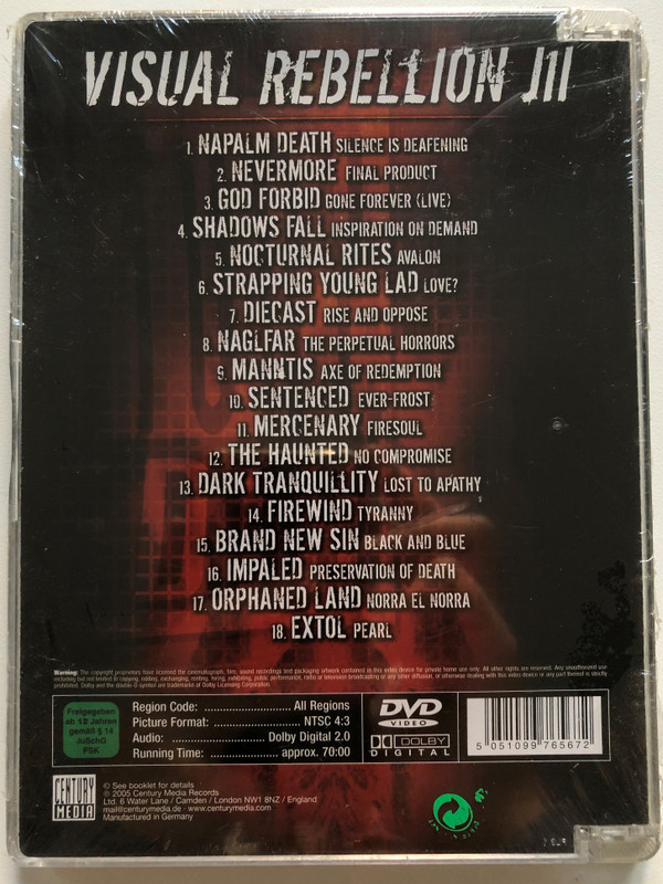 Visual Rebellion III / 18 essential metal videos / Featuring: Napalm Death, Nevermore, God Forbid, Shadows Fall, Nocturnal Rites, Strapping Young Lad, Diecast, Naglfar, Manntis, Sentenced, Mercenary, The Haunted / Century Media DVD CD 2005 / 77656-7P