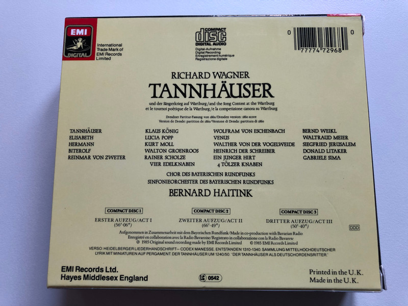 Wagner: Tannhäuser / Klaus König, Lucia Popp, Bernard Haitink, Waltraud Meier, Kurt Moll / Siegfried Jerusalem, Walton Groenroos, Donald Litaker, Rainer Scholze, Gabriele Sima / EMI Records Ltd. 3x Audio CD 1985 Stereo / 747296 8