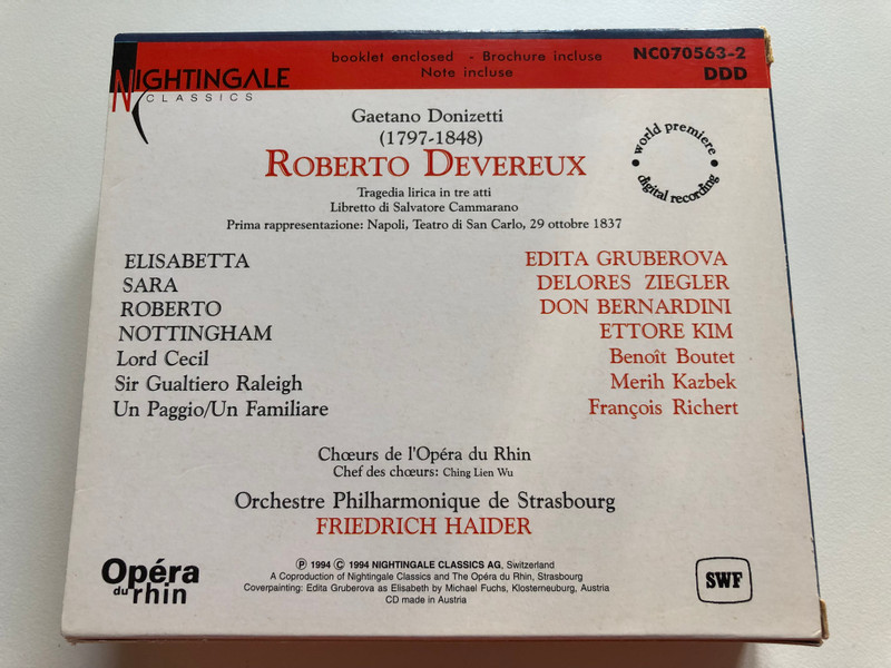 Donizetti - Roberto Devereux - Gruberova, Ziegler, Bernardini, Kim / Chœurs De L'Opéra Du Rhin, Orchestre Philharmonique De Strasbourg, Friedrich Haider / Nightingale Classics 2x Audio CD 1994 / NC070563-2