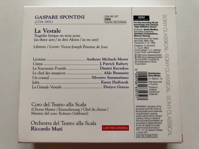 Spontini - La Vestale / Coro E Orchestra Del Teatro Alla Scala, Riccardo Muti / Sony Classical 3x Audio CD 1995 / S3K 66 357