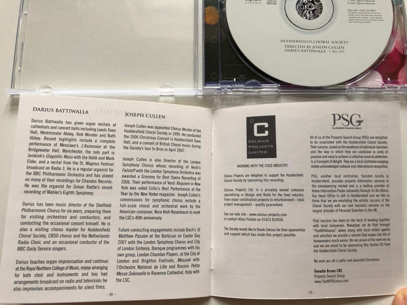 Huddersfield Choral Society - The Carols Album - Joseph Cullen (conductor), Darius Battiwalla (organ) / signum classics Audio CD 2007 Stereo / SIGCD108