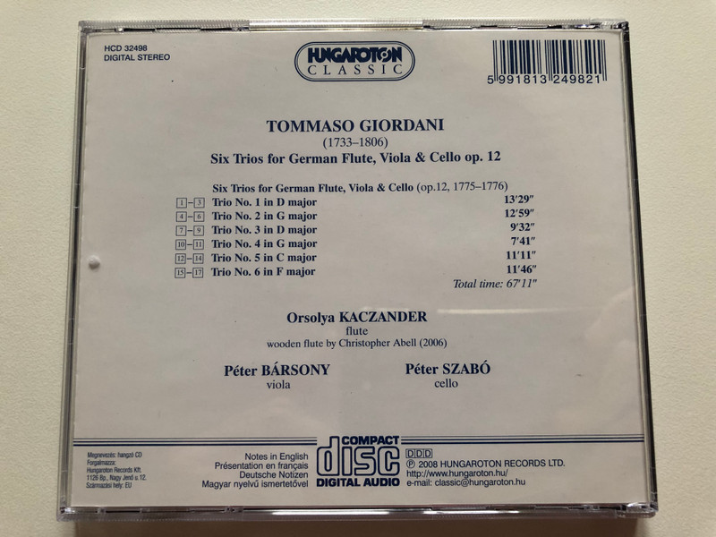 Tommaso Giordani - 6 Trios For German Flute, viola and cello op. 12 / Orsolya Kaczander, Peter Barsony, Peter Szabo / Hungaroton Classic Audio CD 2008 Stereo / HCD 32498