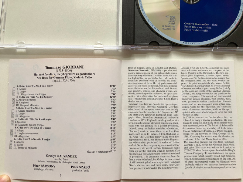 Tommaso Giordani - 6 Trios For German Flute, viola and cello op. 12 / Orsolya Kaczander, Peter Barsony, Peter Szabo / Hungaroton Classic Audio CD 2008 Stereo / HCD 32498